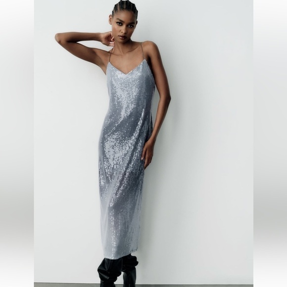 Zara Dresses & Skirts - Zara NWT sequin midi dress silver